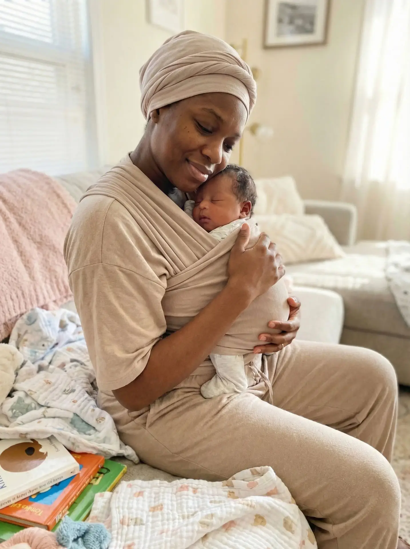 Mother holding her newborn during postpartum recovery with Omugwo support